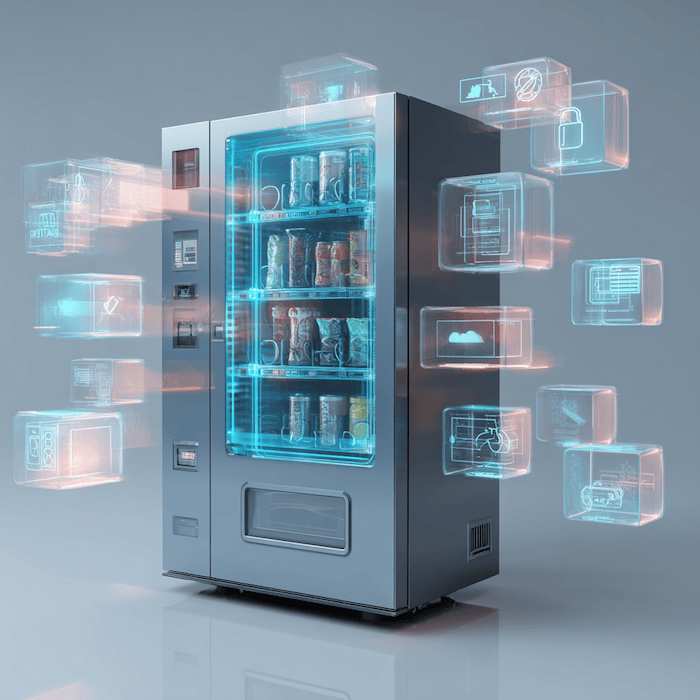 BD-Advisory-Service_Futuristischer-Verkaufsautomat-mit-schwebenden-transparenten-Interface-Icons-rund-um-das-Geraet-Symbole-fuer-Cloud-Payment-Analyse-und-Produktinformationen