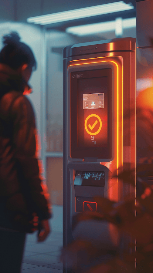 Person steht vor einem modernen, leuchtend orange umrahmten Verkaufs- oder Zugangsterminal mit großem Display und integriertem Scanner.