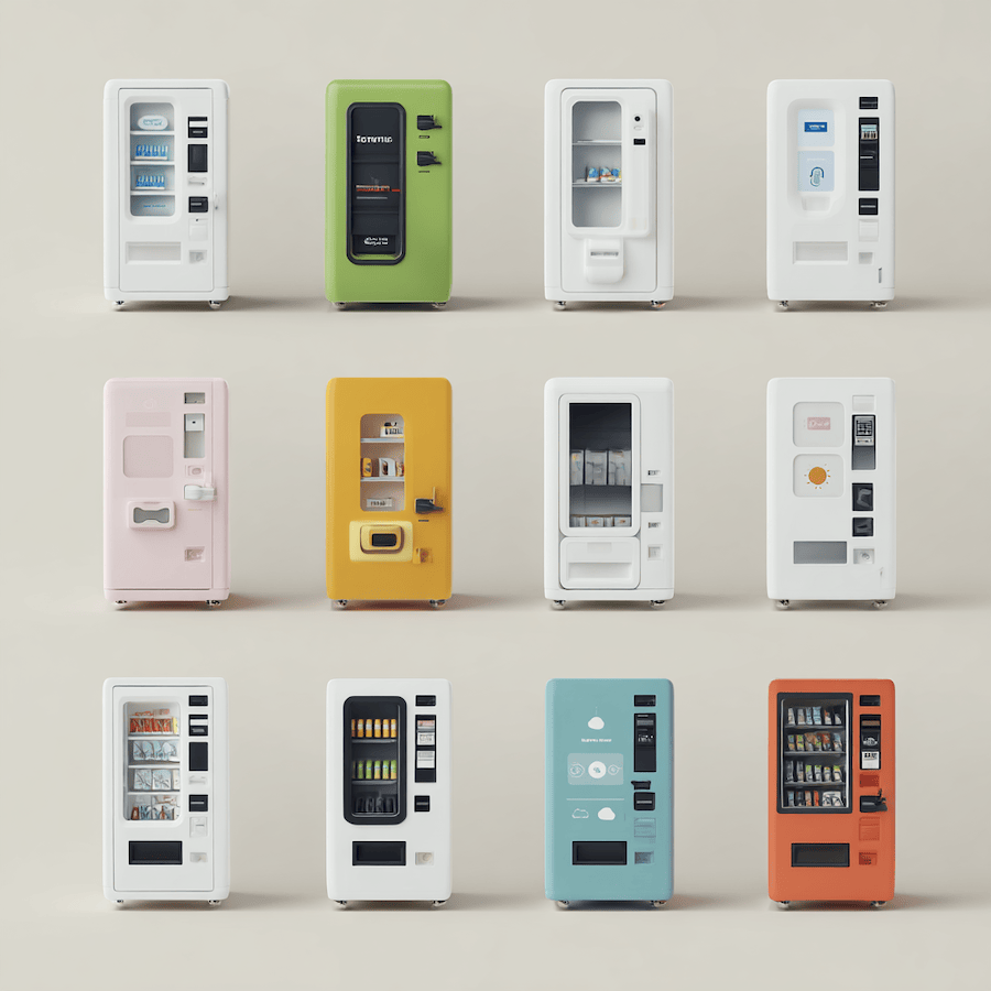 Die Abbildung zeigt eine Sammlung von zwölf verschieden gestalteten Verkaufsautomaten, die stilisiert und minimalistisch dargestellt sind. Jeder Automat hat ein eigenes Farbschema – von klassischem Weiß über Grün, Gelb, Rosa, Türkis bis hin zu kräftigem Orange. Die Automaten unterscheiden sich in Form, Frontgestaltung und Anzeigeelementen. Einige Modelle wirken futuristisch und glatt, andere erinnern stärker an klassische Snack- oder Getränkeautomaten. Durch die Anordnung in einem neutralen Setting entsteht ein klarer Überblick über die Designvielfalt moderner Vending-Konzepte.